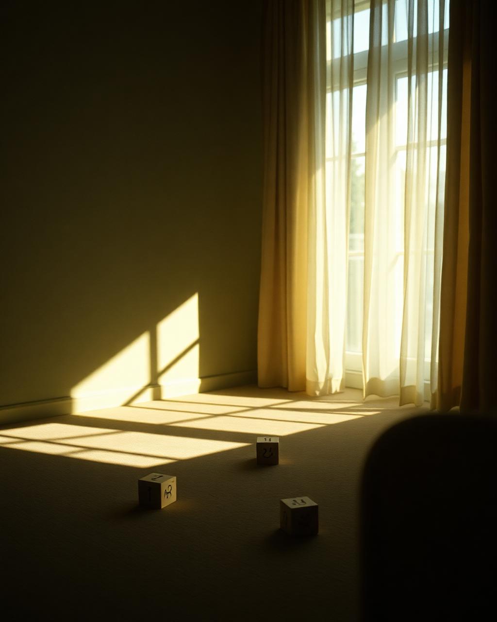 Luz de tarde en una habitación con bloques de madera en el suelo